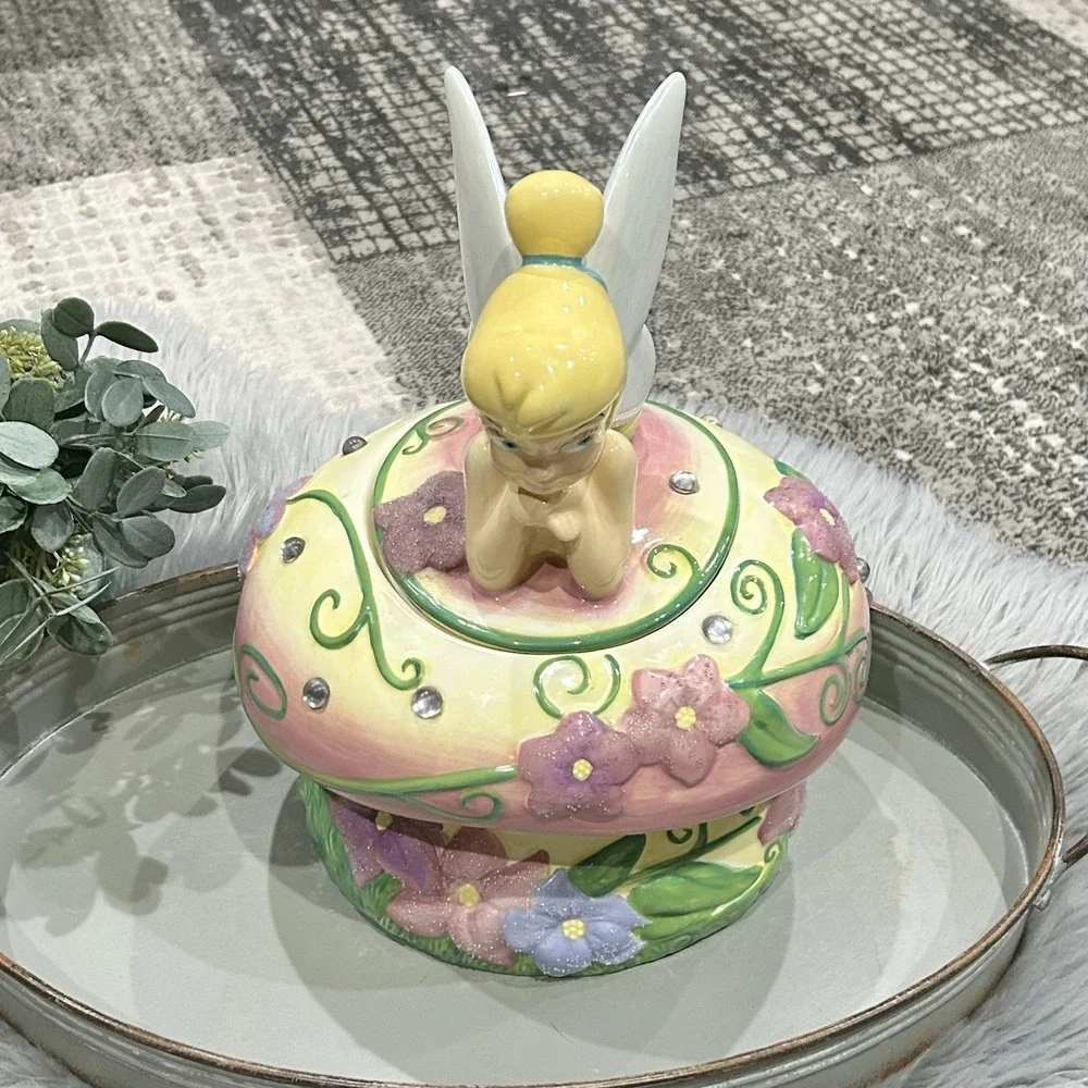 Disney Tinkerbell‎ Mushroom Cookie Jar With Jewels And Flowers Read***